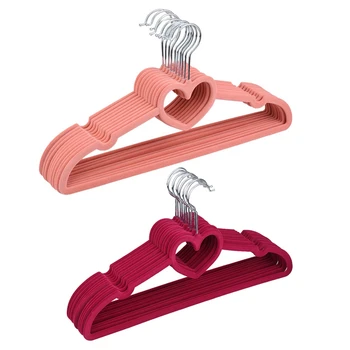20x Non-Slip Ultra-Thin 360 Degree Swivel Flocked Adult Clothes Hangers with Heart Tie Bar, Notched Shoulders (Pink&Red)