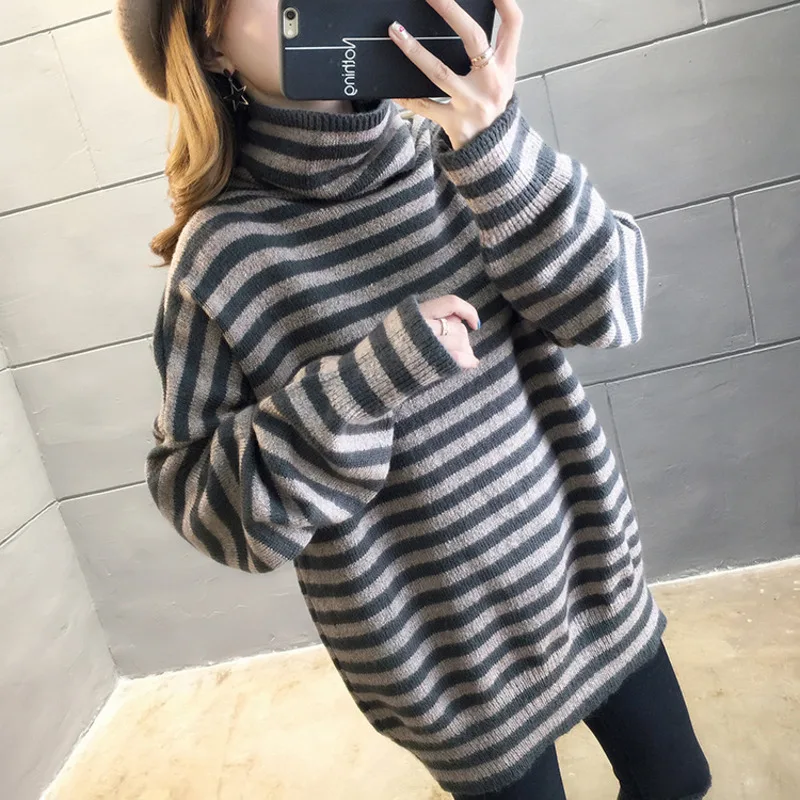 Winter Turtleneck Pullover Womens Fashion Trend Korean Version striped print sweater Loose Casual Thicken Warm knitwear 
Winter Turtleneck Pullover Womens Fashion Trend Korean Version striped print sweater Loose Casual Thicken Warm knitwear