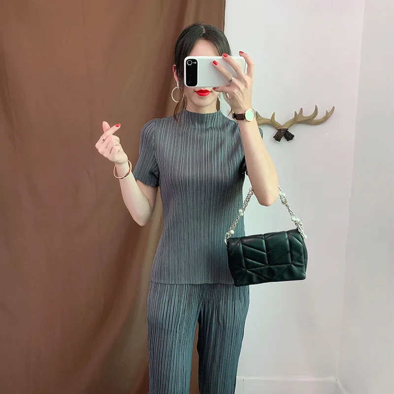 Plus Size T Shirts 2019 Women Autumn Stretch Miyake Pleated Stand Collar Short Sleeved Solid Color Loose Women Tops Female
Plus Size T Shirts 2019 Women Autumn Stretch Miyake Pleated Stand Collar Short Sleeved Solid Color Loose Women Tops Female