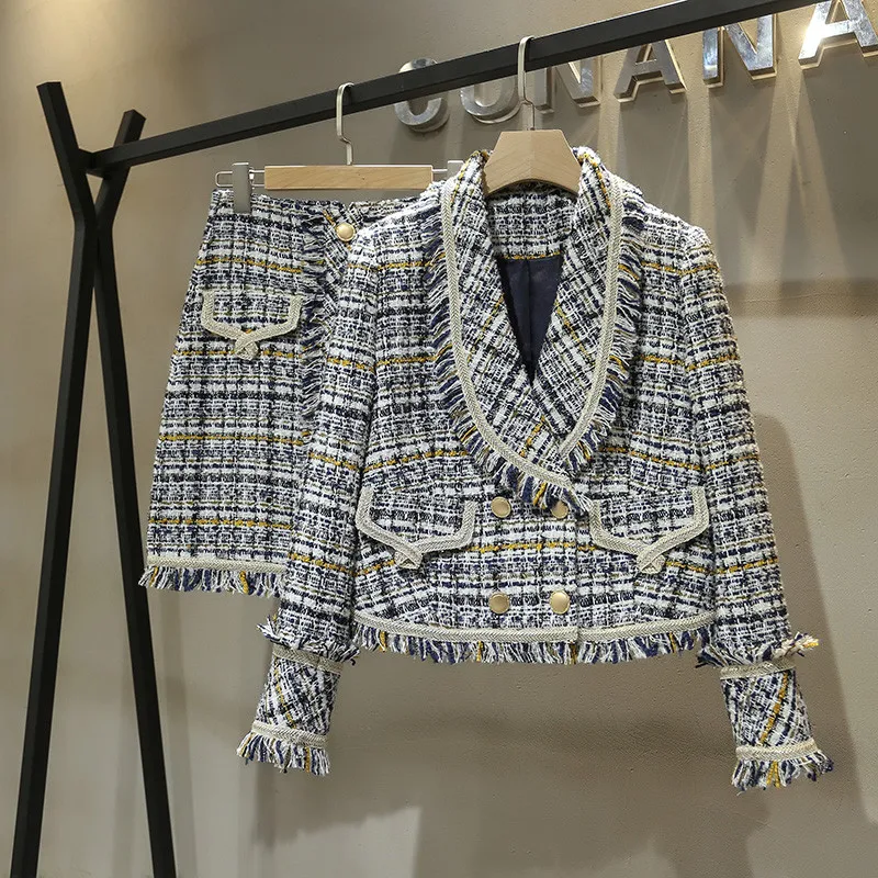Fashion women's elegant plaid tweed jackets+A-line skirts two piece set Autumn women tassels skirt suit B259
Fashion women's elegant plaid tweed jackets+A-line skirts two piece set Autumn women tassels skirt suit B259