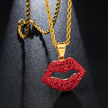 

US7 Sexy Red Lips Necklace & Pendant Paved Rhinestoned Bling Iced Out Pendants With Chain For Men Hip Hop Jewelry