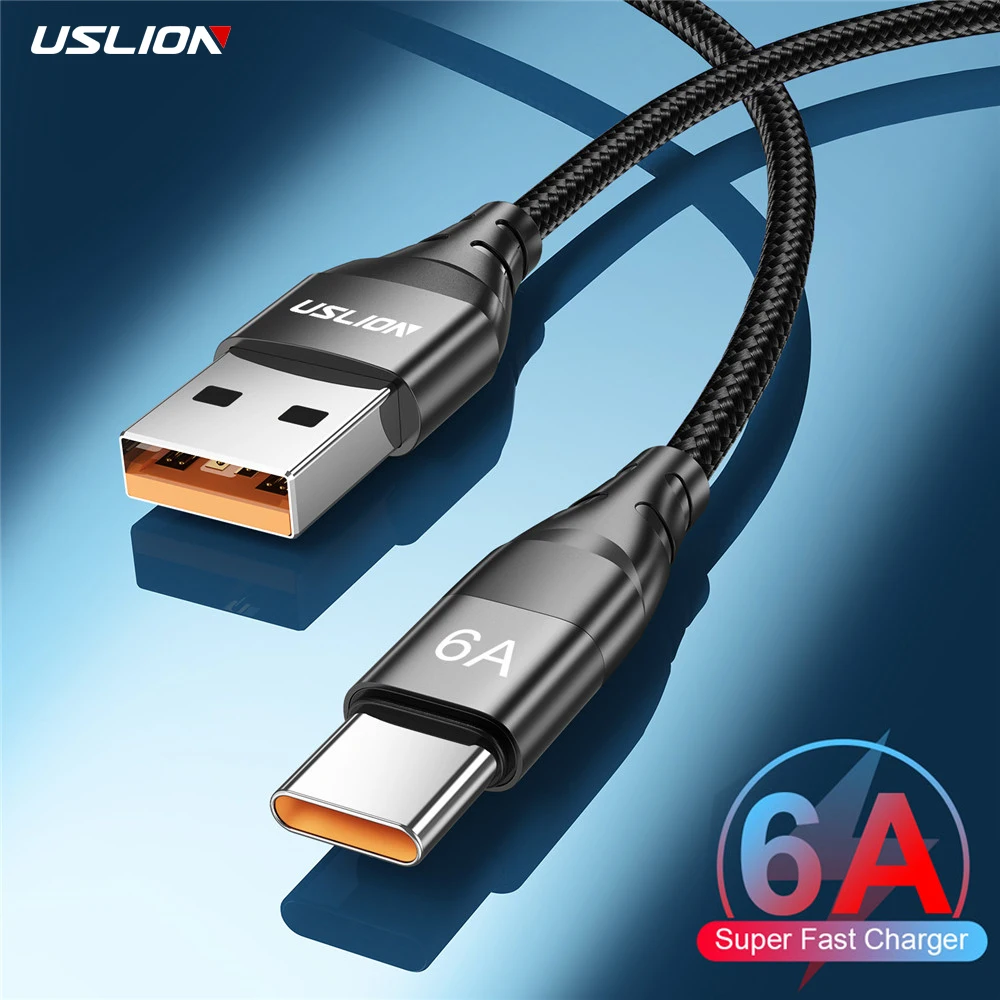 USB Type C кабель USLION 6A для Huawei P40 P50 Pro 66 Вт быстрая зарядка Samsung Xiaomi mi 11 передачи данных
