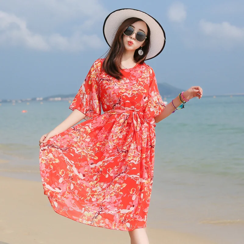 Summer Woman Casual Beach Chiffon Dress Red Green Floral Short Mandarin Sleeve Lacing Up Elastic Waist One Piece Dresses Ladies
Summer Woman Casual Beach Chiffon Dress Red Green Floral Short Mandarin Sleeve Lacing Up Elastic Waist One Piece Dresses Ladies