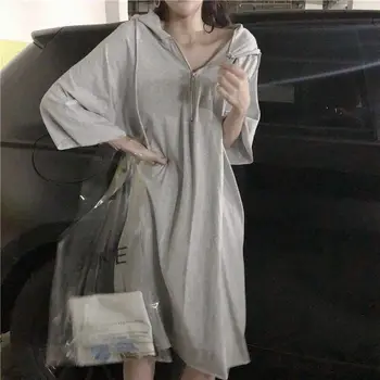 Solid Half Sleeve Tshirt Dress Women Loose Harajuku Vintage Knee-Length Hooded Zipper Dress Black Gray Oversized Casual W248
Solid Half Sleeve Tshirt Dress Women Loose Harajuku Vintage Knee-Length Hooded Zipper Dress Black Gray Oversized Casual W248