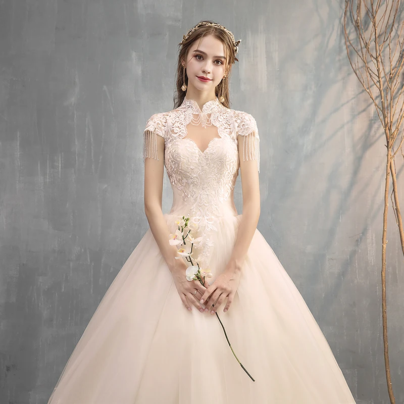 

Fashion Elegant High Neck Short Sleeve Wedding Dress Lace Applique Beadings Princess Gowns Robe De Mariage Vestidos De Novia