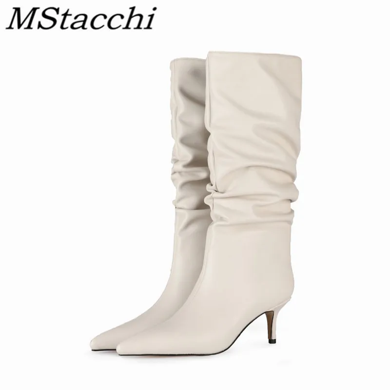 

Mstacchi Women Mid-Calf Boots Sexy Solid Color Leather Folds Boots Pointed Toe Thin Heels Stiletto Party Shoes Large Size 34-45