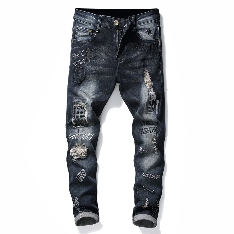 Men Jeans Distressed Letters Embroidery Decoration Black Denim Trousers Fashion Slim Straight Leg Pants 2020 Street Male Wear
Men Jeans Distressed Letters Embroidery Decoration Black Denim Trousers Fashion Slim Straight Leg Pants 2020 Street Male Wear