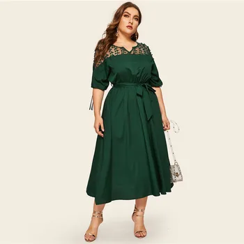 XXXXL Plus Size V Neck Contrast Mesh Dress Women Elegant 2019 Summer Half Sleeve Midi Dresses Vintage Cuff Lace Up Belted Dress
XXXXL Plus Size V Neck Contrast Mesh Dress Women Elegant 2019 Summer Half Sleeve Midi Dresses Vintage Cuff Lace Up Belted Dress