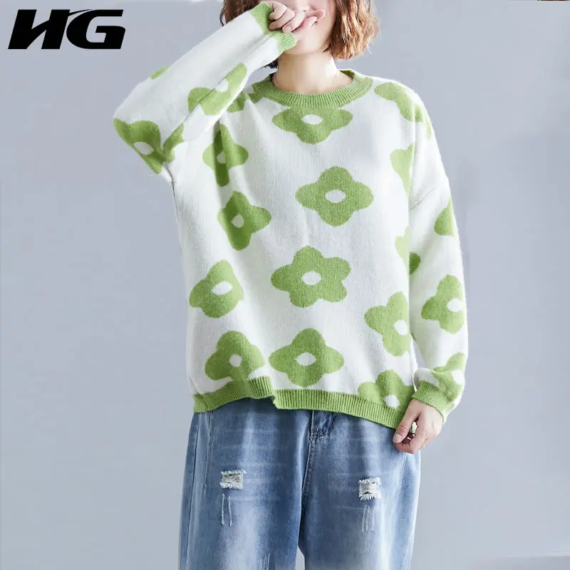 HG Flower Pattern Women Sweater Korean Style Knitwear Sweaters and Pullovers Plus Size Tops Autumn Winter New 2019 XJ1847 | Женская