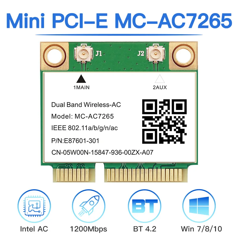 Фото 1200 Мбит/с MiNi PCI-E MC-AC7265 Двухдиапазонная 2 4 ГГц/5 ГГц 802.11AC Bluetooth-совместимая 4.2