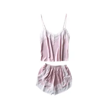 Women 2 Piece Ice Silk Pajamas Set Deep V-Neck Low Cut Backless Camisole Side Split Loose Shorts Floral Lace Patchwork Sleepwear
Women 2 Piece Ice Silk Pajamas Set Deep V-Neck Low Cut Backless Camisole Side Split Loose Shorts Floral Lace Patchwork Sleepwear
