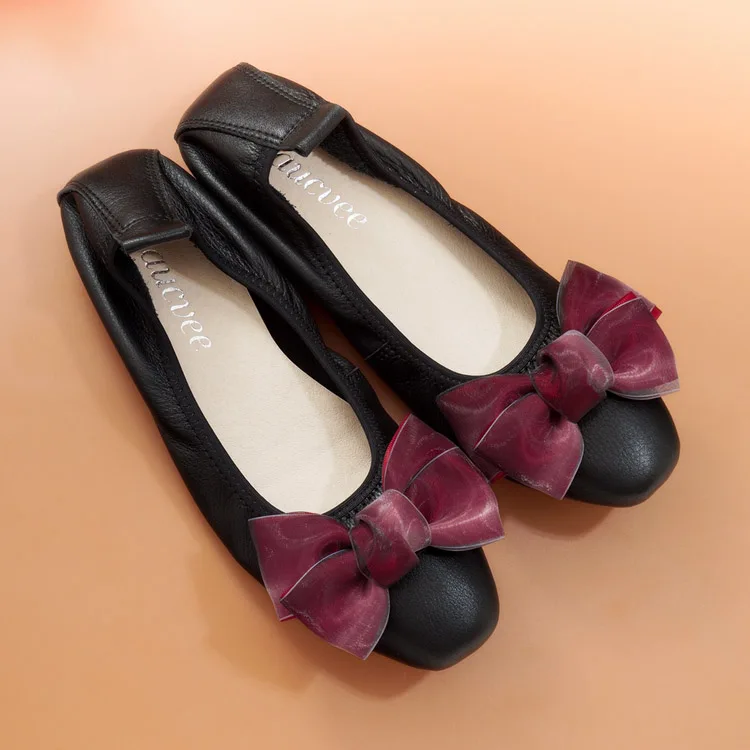 Women Ballet Flats Plus Size 34-43 Cow Leather Loafers Woman Shoes 2018 Spring Sweet Bow Slip On Black Ballerina Shoes For Women (24)