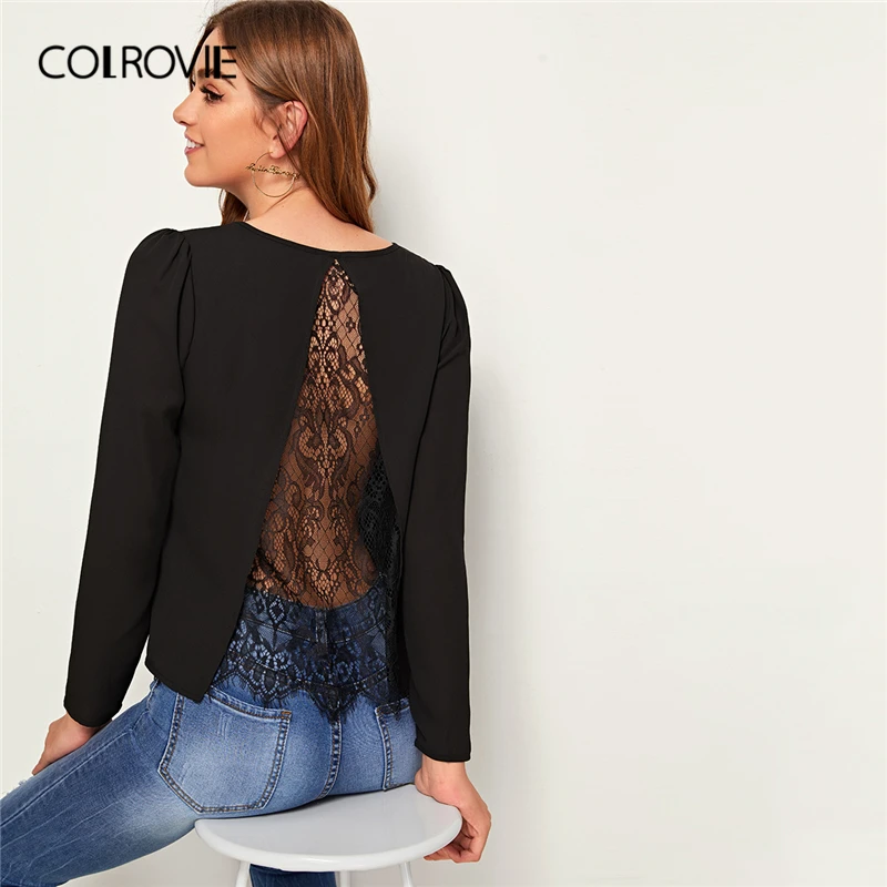COLROVIE Black Sheer Eyelash Lace Panel Back Solid Top Women Long Sleeve Elegant Blouse 2019 Fall Style Solid Sexy Blouses
COLROVIE Black Sheer Eyelash Lace Panel Back Solid Top Women Long Sleeve Elegant Blouse 2019 Fall Style Solid Sexy Blouses