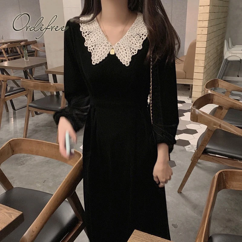 

Ordifree 2022 Autumn Vintage Women Party Dress Long Sleeve White Lace Crochet Black Velvet Dress