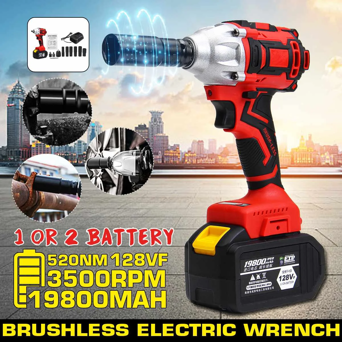 128Vf 520Nm 3500rpm Brushless Cordless Wrench Electric Socket Impact Wrench 19800mah Lithium-lon Battery Power Tools Kit
128Vf 520Nm 3500rpm Brushless Cordless Wrench Electric Socket Impact Wrench 19800mah Lithium-lon Battery Power Tools Kit