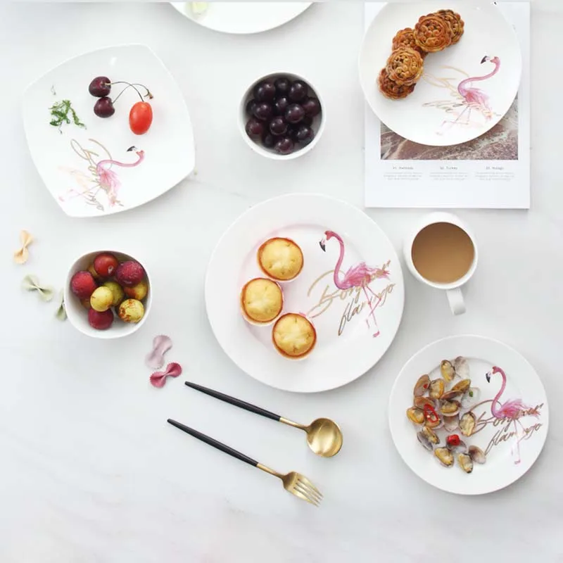 

Elegant Pink Flamingo Ceramic Dinner Plates White Porcelain Tray Dishes For Restaurant Serving Dessert Food Plate For Party Gift