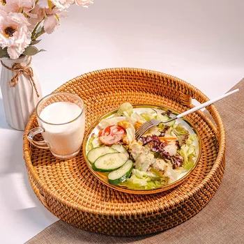 Rattan Hand Woven Round High Wall Severing Tray Food Storage Platters Plate Over Handles for Breakfast Drinks Snack
Rattan Hand Woven Round High Wall Severing Tray Food Storage Platters Plate Over Handles for Breakfast Drinks Snack