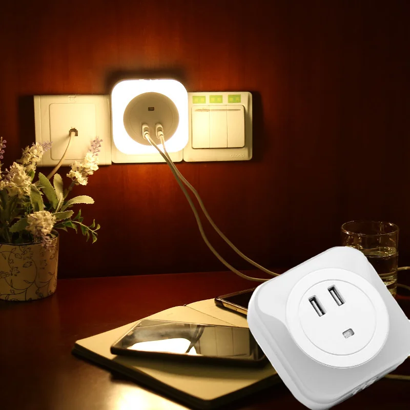 New LED Night Light Sensor 2 USB EU/US Plug Socket for Mobile Phone Charger Automatic Night Lamp Intelligence Warm White Light
New LED Night Light Sensor 2 USB EU/US Plug Socket for Mobile Phone Charger Automatic Night Lamp Intelligence Warm White Light