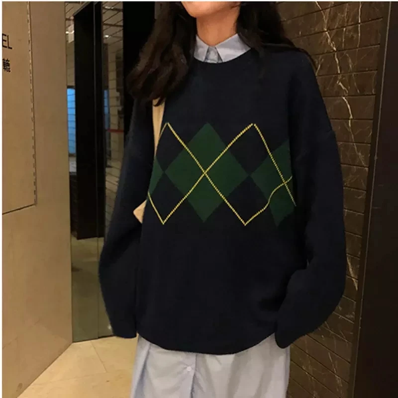 Korean College Style Autumn Winter Geometric Pattern Argyle Pullovers Loose Oversized O-Neck Knitted Sweaters Woman Jumper
Korean College Style Autumn Winter Geometric Pattern Argyle Pullovers Loose Oversized O-Neck Knitted Sweaters Woman Jumper