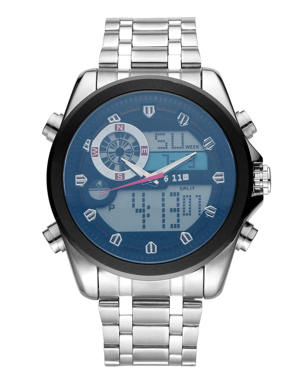 Export 611 Date Seconds Waterproof Night Light Dual Display Steel Belt Watch