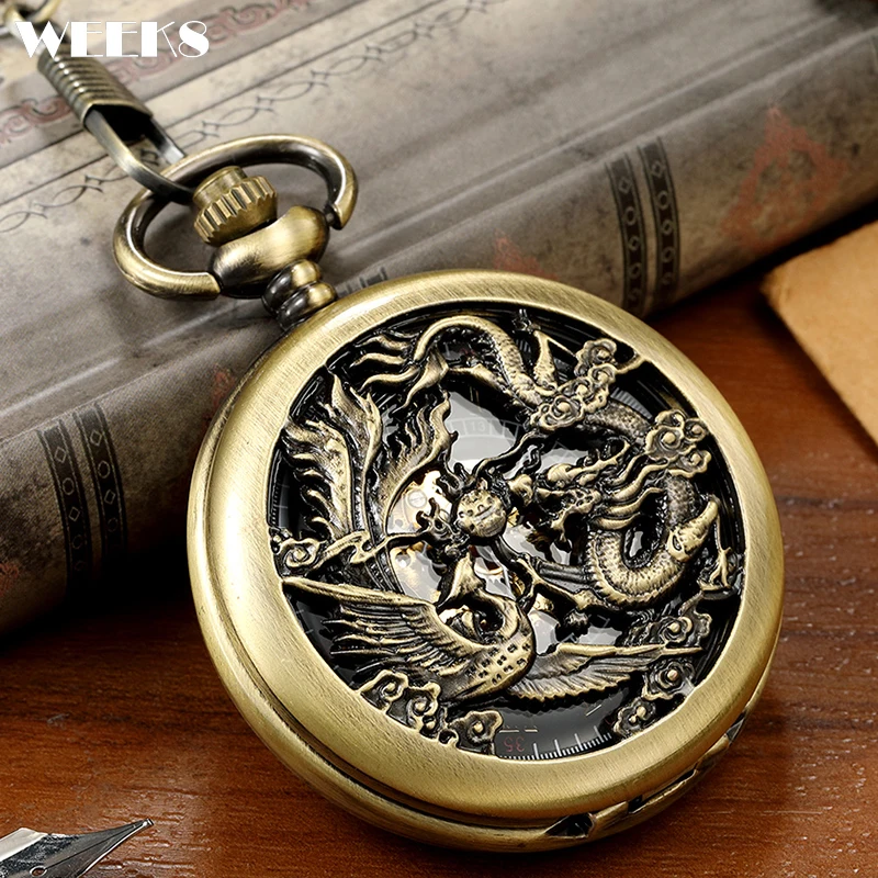 

Roman Numeral 3D Dragon Mechanical Pocket Watch Antique Steampunk Skeleton Hollow Fob Chain Clock for Men Women Collection Gift