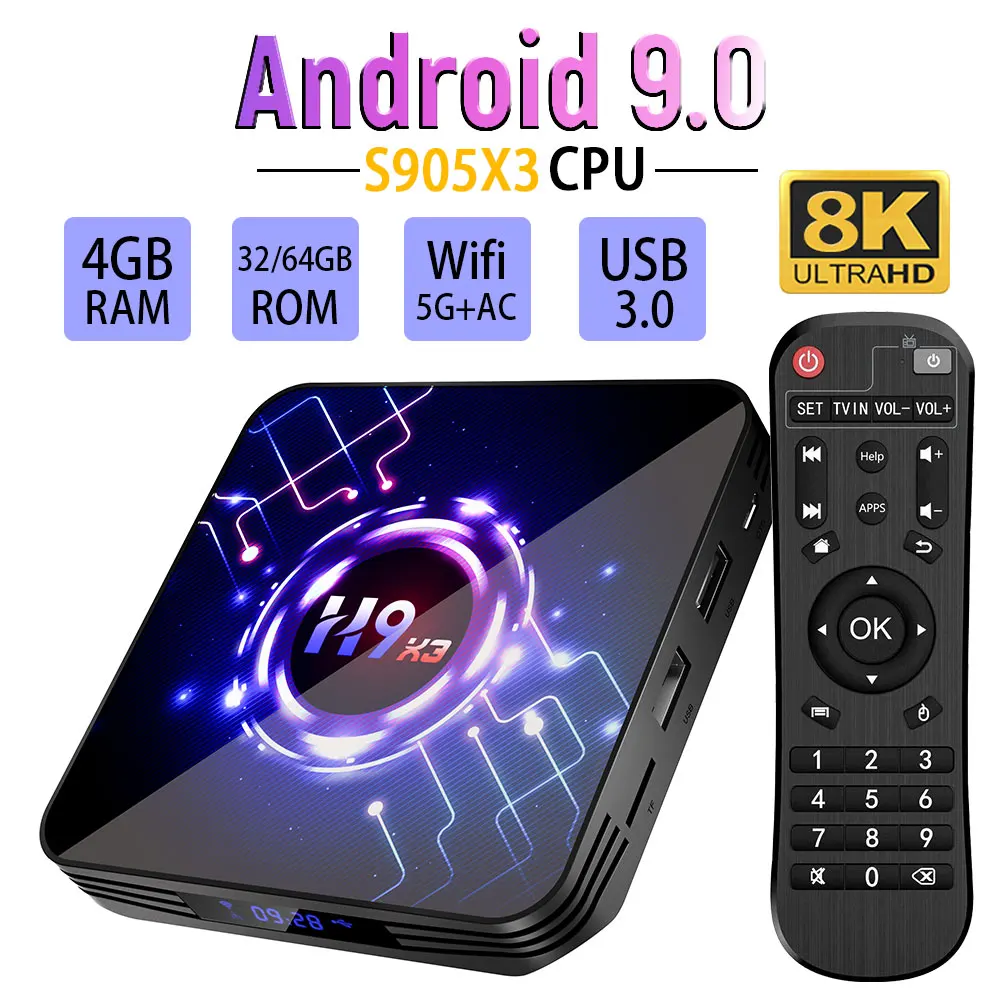 ТВ приставка H9 X3 Transpeed Android 9 0 8K 4K TV BOXwifi Amlogic S905X3 4 ГБ 32 64 Гб UltraHD HDR 5G скорость 1000