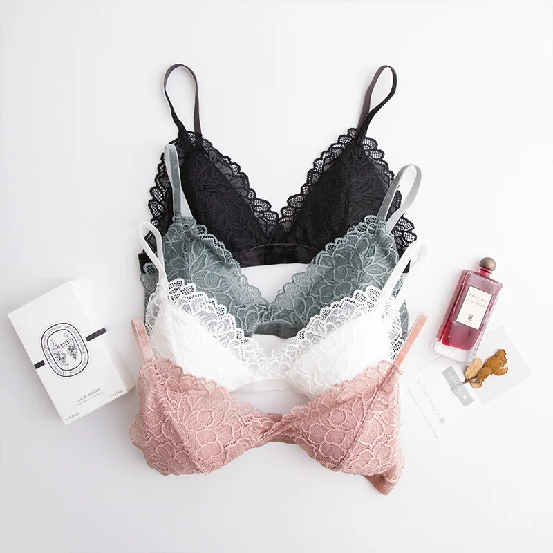 

Women 100% Real Silk Lining with outside lace fabric velvet belt triangle cup everyday Comfortable Wireless Bra Bralette TG118