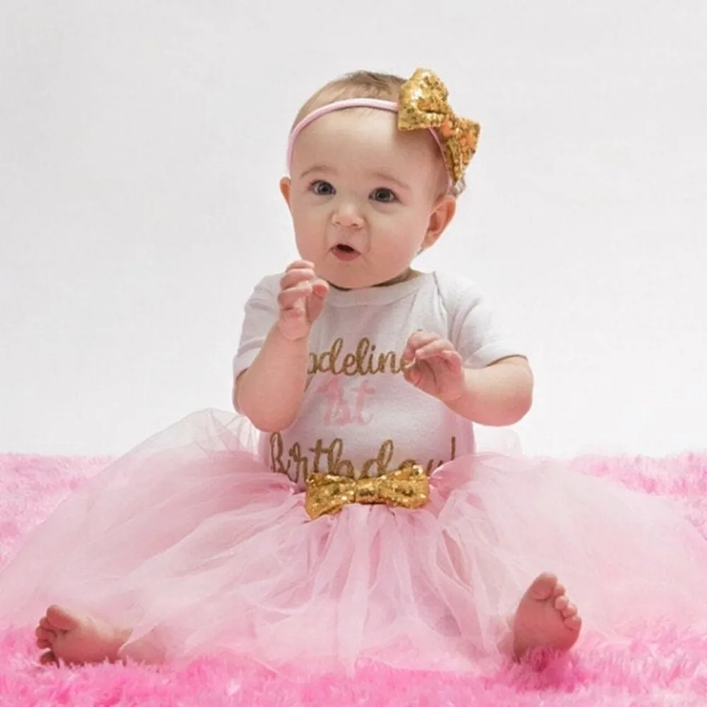 

custom name gold glitter Baby Girl Clothes First Birthday Outfit set Baby Shower Gift Princess tutu skirt headband Newborn shirt