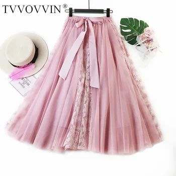 Korea 2020 NEW spring and summer A-line double multi-layer mesh halfbody skirt wholesales lace waist bow belts Y093