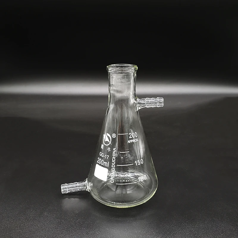 Conical flask,Narrow neck with graduations,with upper and bottom side tube,Capacity 200ml,Erlenmeyer flask with normal neck.
Conical flask,Narrow neck with graduations,with upper and bottom side tube,Capacity 200ml,Erlenmeyer flask with normal neck.