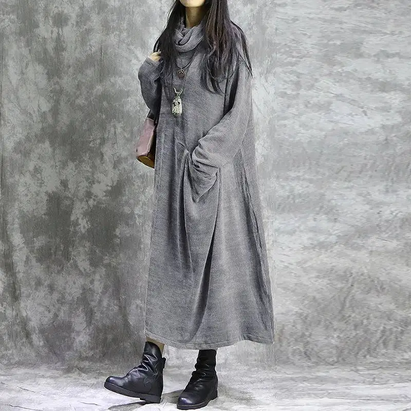Plus Size Long Sleeve Corduroy Midi Dress - Loose Turtleneck