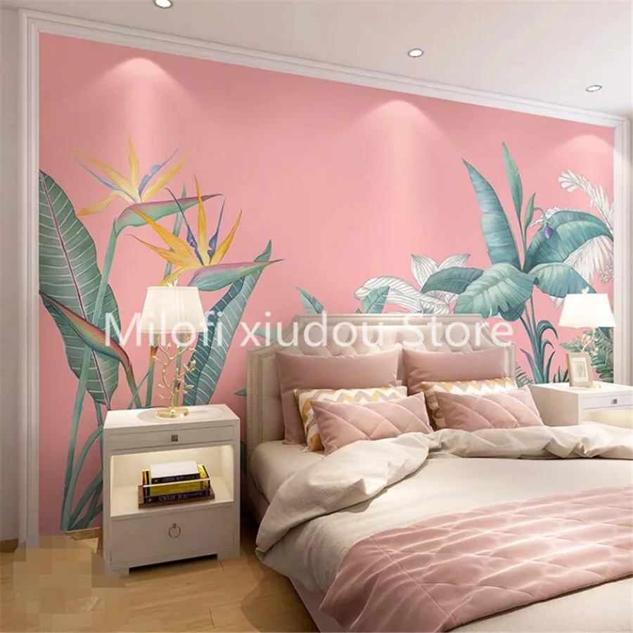 

Milofi custom 3D wallpaper mural Nordic Southeast Asia plants living room pink background wall decoration painting wallpaper