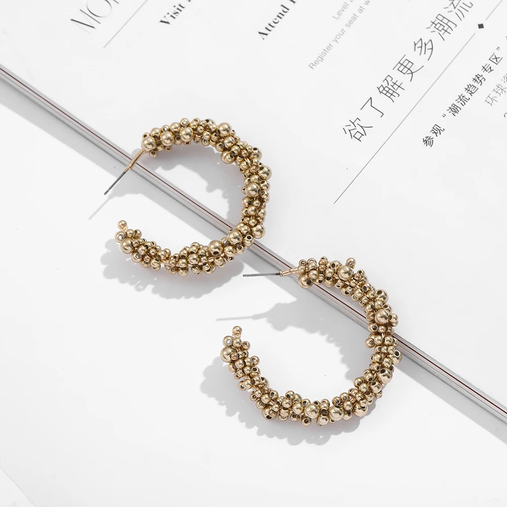 2020 Big Round Circle Hoop Earrings for Women Gold Color Metal Beads Geometric Statement Jewelry | Украшения и аксессуары