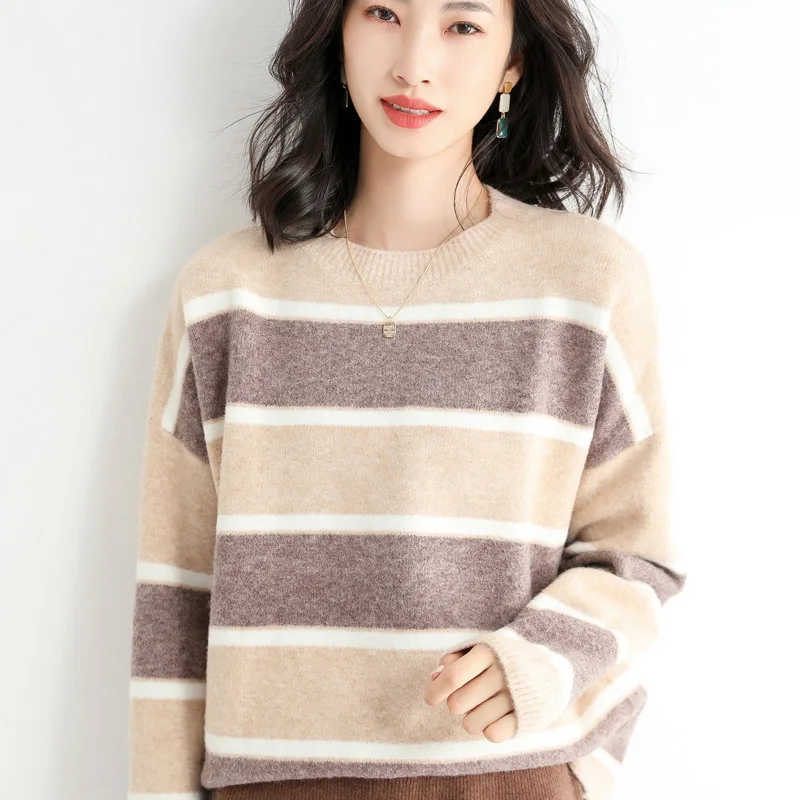 

Autumn and Winter Women Cashmere Wool Blended Sweater O-neck Color Striped Pullover Warm Loose Knit Bottoming Coat Ladies