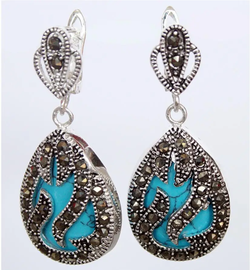 

Hot Sell 11/2" fashionable jewelry 925 Silver & Marcasite inlay blue Natural Turquoise Waterdrop Earrings