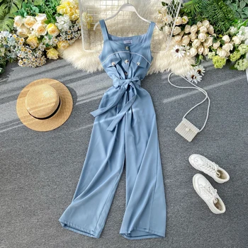 New Fashion Women Playsuits 2020 Summer Spaghetti Single Breasted Pants Jumpsuits Ladies Slim With Belt Vintage Romper Overalls
New Fashion Women Playsuits 2020 Summer Spaghetti Single Breasted Pants Jumpsuits Ladies Slim With Belt Vintage Romper Overalls
