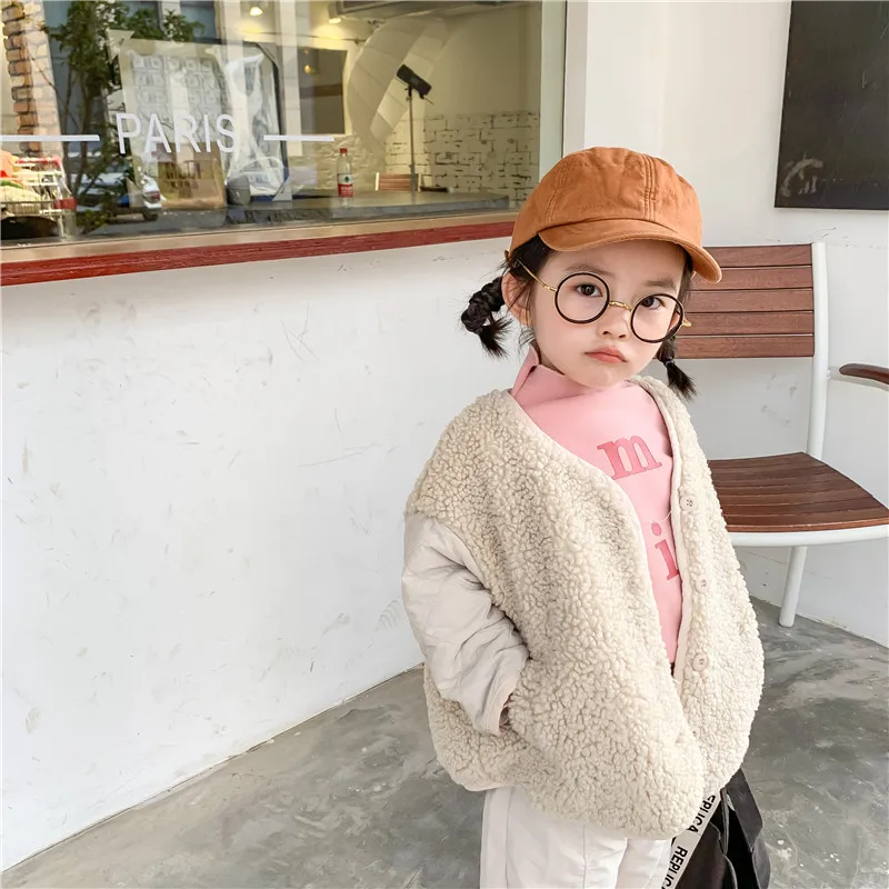 

Girls Lamb Wool Coat Tops Children's Winter Wear Clothig 2019 New Korean Boy and Girl Stitching Lamb Fur Coat Plus Fleeces Kids