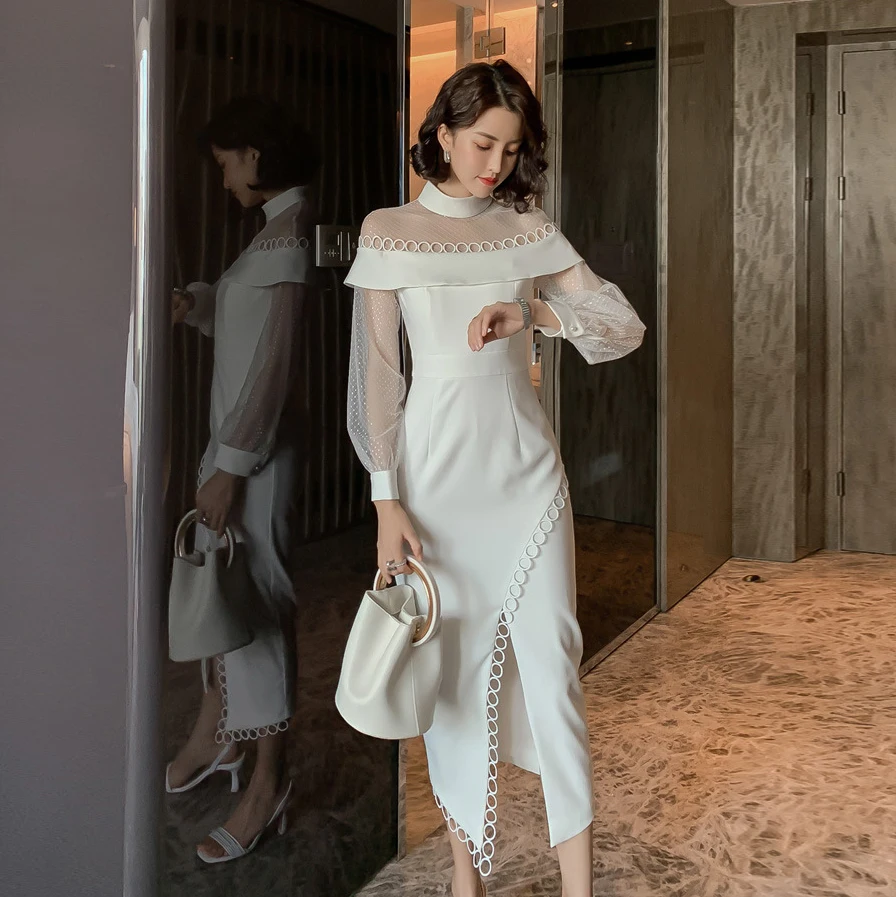 Элегантное женское белое Сетчатое короткое вечернее платье 2019 осеннее