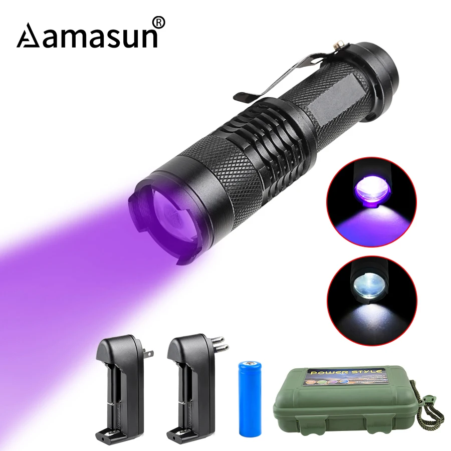 

Zoomable 365nm 395nm UV Flashlight Ultraviolet Torch Mini UV Black Light Pet Urine Stains Detector Scorpion Hunting AA 14500