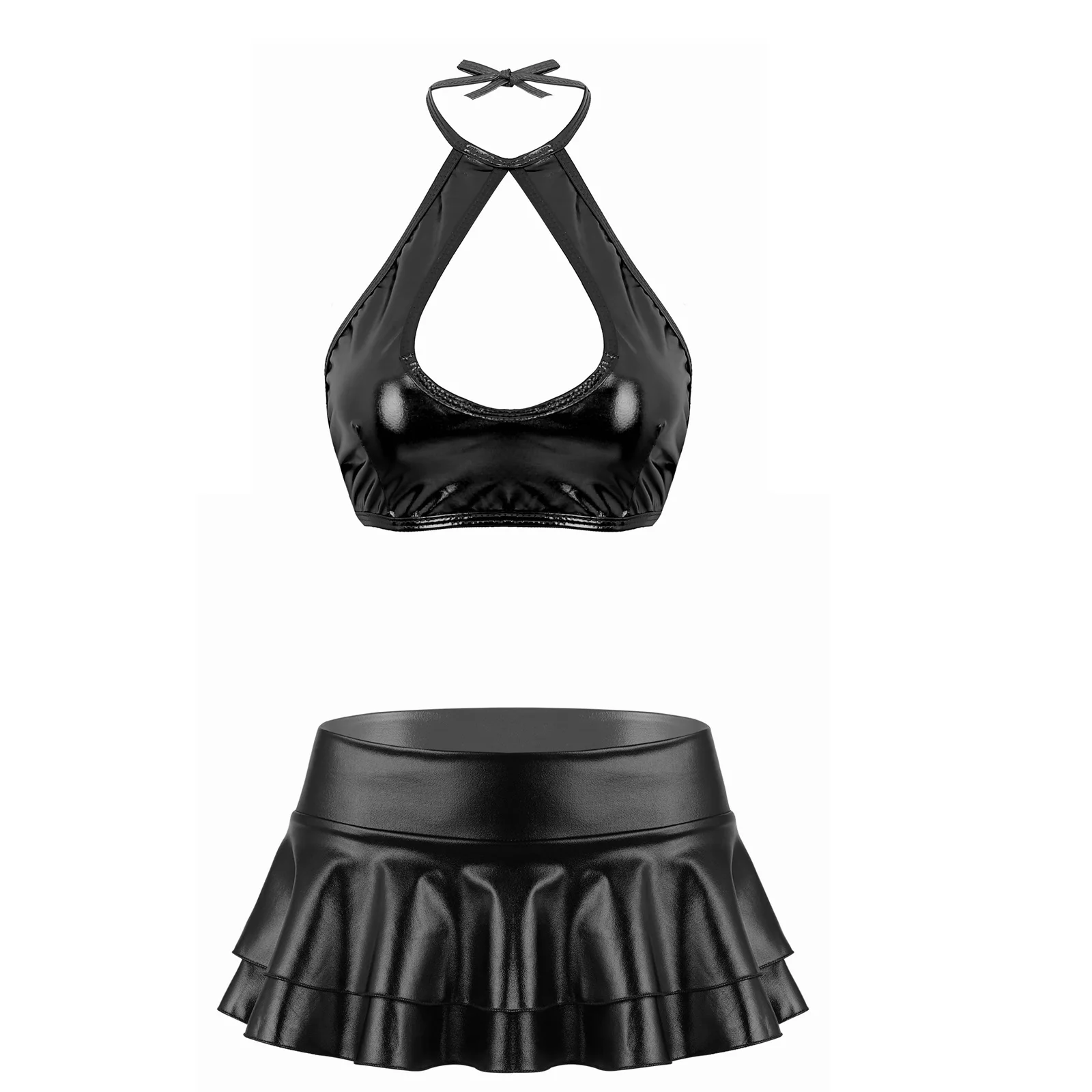 Women Shiny Faux Leather Sexy Crop Tops Sleeveless Halter Neck Strappy Lingerie Low Rise Double Layered Ruffle Skirts Exotic Set
Women Shiny Faux Leather Sexy Crop Tops Sleeveless Halter Neck Strappy Lingerie Low Rise Double Layered Ruffle Skirts Exotic Set