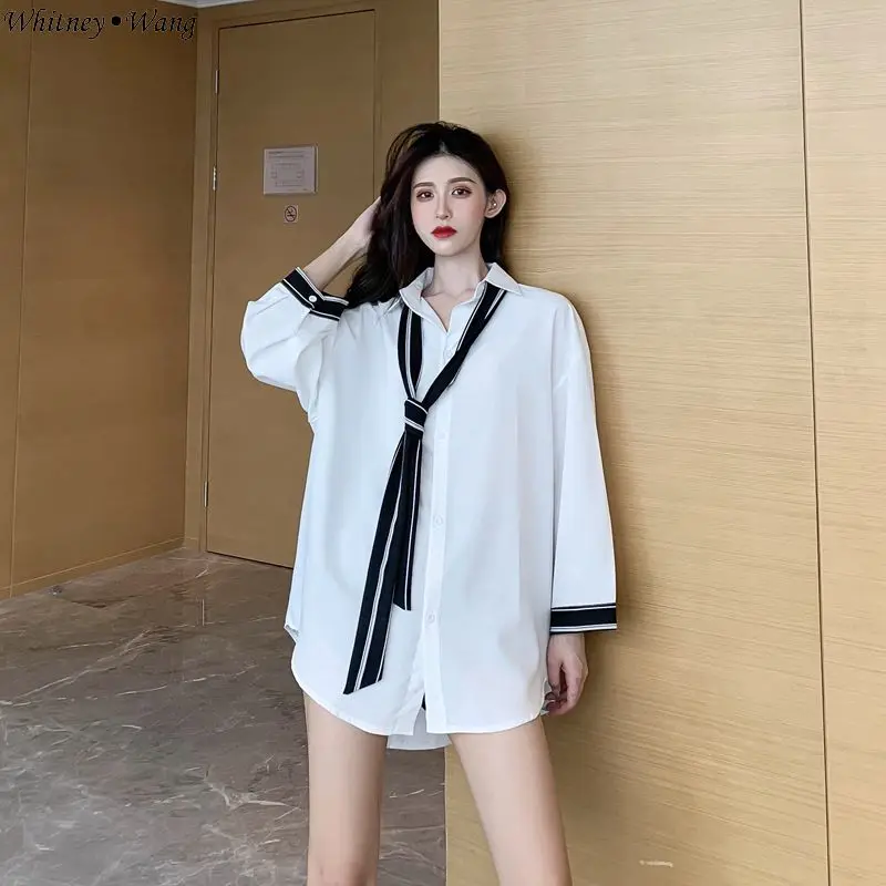 

WHITNEY WANG Blouses Woman 2019 Autumn Fashion Streetwear Colors Contrast Cool Girls Tie Chiffon Blouse Women Blusas Shirt Tops