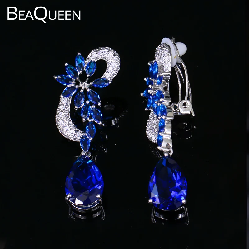 

BeaQueen Royal Blue Crystal No Pierced Clip On Earrings Fashion Women Teardrop Stone Clips Ear Jewelry Without Piercing E193