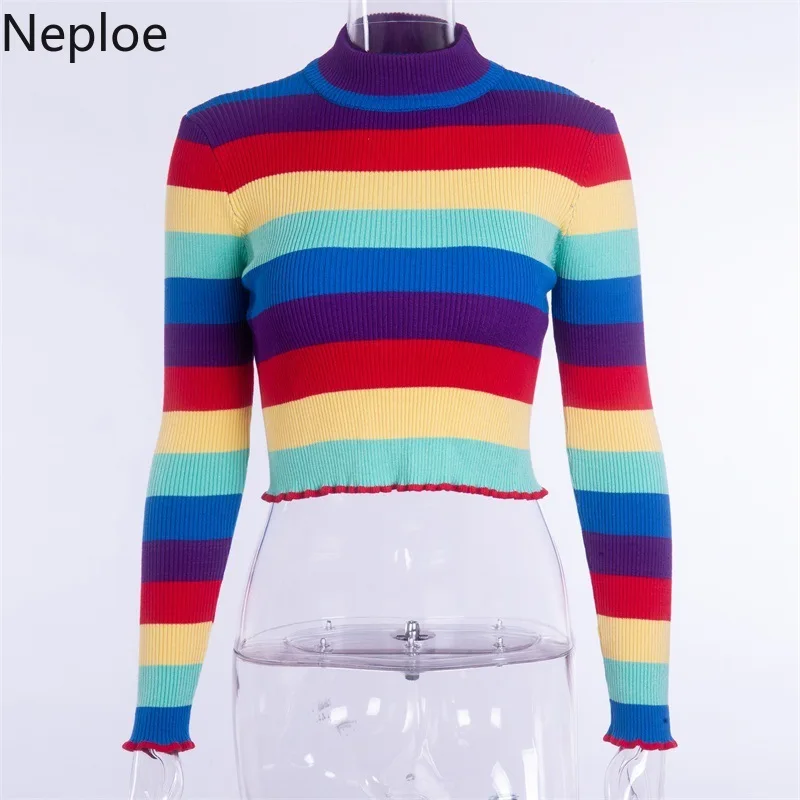 Neploe Occident Style Street Half Turtleneck Sweater New Five-color Striped Wind Head Knitted Ladies Tops Autumn Winter 45657 
Neploe Occident Style Street Half Turtleneck Sweater New Five-color Striped Wind Head Knitted Ladies Tops Autumn Winter 45657
