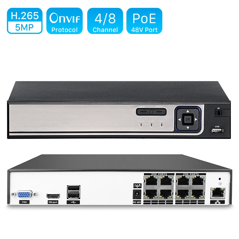 

H.264 4CH or 8CH CCTV NVR 48V PoE 4*5MP/ 8*4MP Surveillance Security Video Recorder ONVIF IP Camera Motion Detect PoE NVR P2P