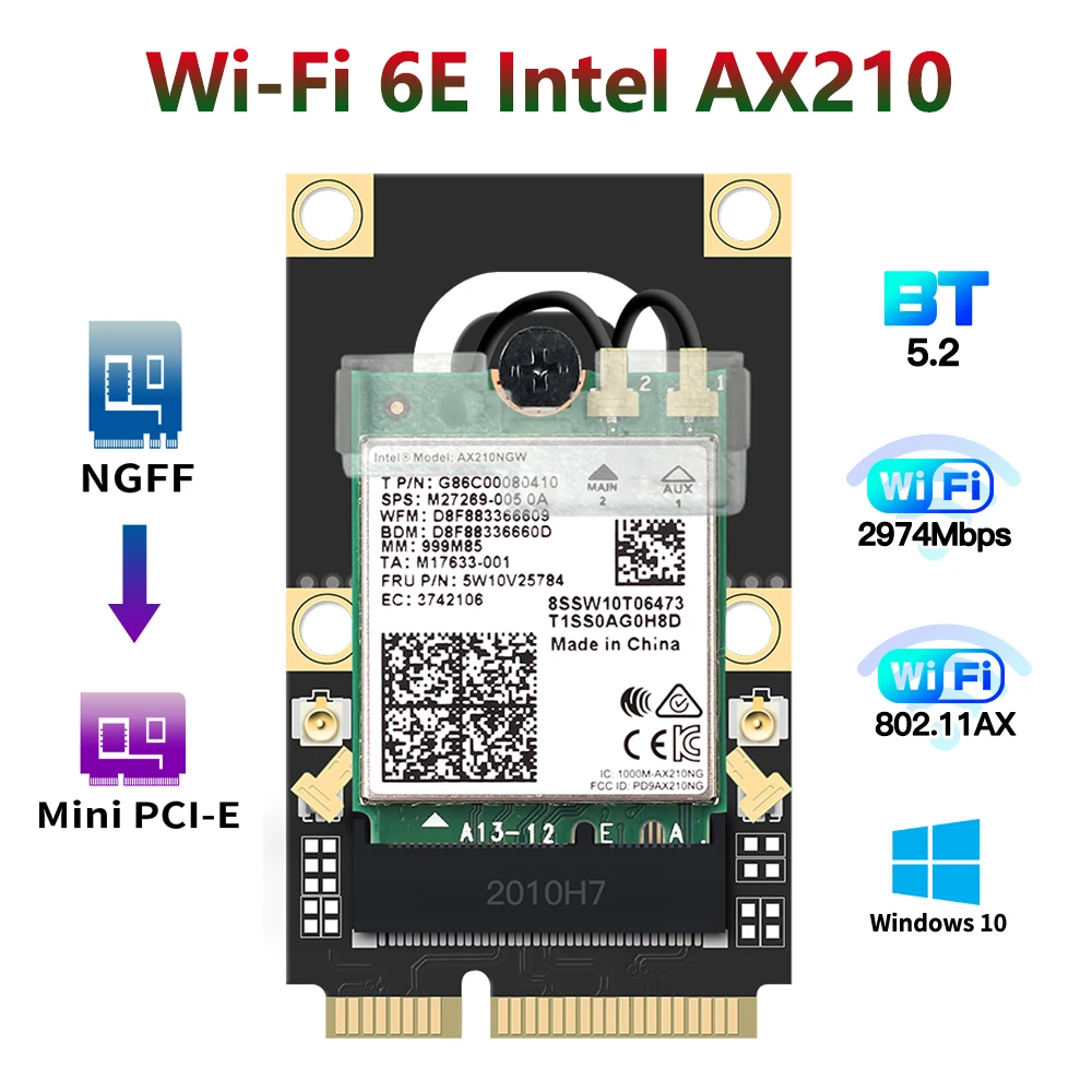 Мини PCI-E Wifi 6E адаптер Intel AX210 Bluetooth 5 2 6 карт 4G ГГц беспроводной 3000 Мбит/с AX210NGW 802.11ax/ac