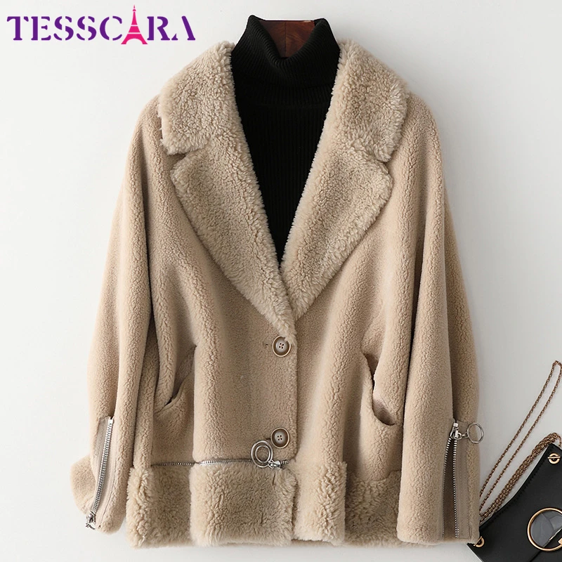 

TESSCARA Women Winter Warm Wool Blend Basic Jacket Coat High Quality Female Fur Leather Suede Zipper Jackets Outerwear & Coats