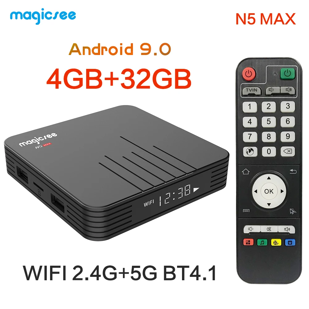 Magicsee N5 Max Android TV Box Smart Android 9.0 Set Top Box S905X2 4K 4GB 32GB 2.4G & 5G WiFi & 1000M LAN DLNA HD Media Player
Magicsee N5 Max Android TV Box Smart Android 9.0 Set Top Box S905X2 4K 4GB 32GB 2.4G & 5G WiFi & 1000M LAN DLNA HD Media Player