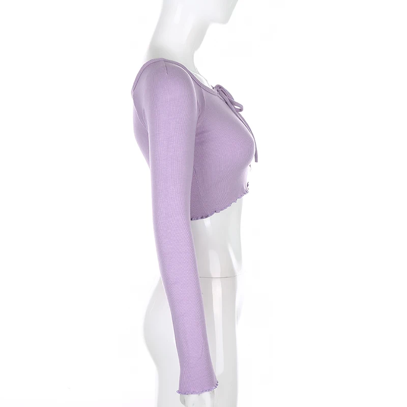 Darlingaga Crew Neck Bow Lace Up Woman T-shirts Purple Solid Slim Long Sleeve Autumn T shirt Casual Crop Tops Tee Shirts Korean