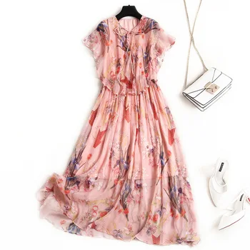 High Quality 100% Natural Silk Dresses Ladies Hot Sale Vintage Print Ruffles Short Sleeve Elegant Midi Dress
High Quality 100% Natural Silk Dresses Ladies Hot Sale Vintage Print Ruffles Short Sleeve Elegant Midi Dress