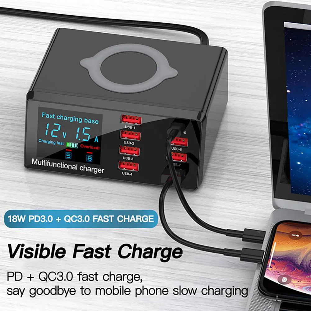 8 USB Ports Mobile Phone Charger PD QC 3.0 USB Fast Charging Dock Wireless Smart Charge Adapter Charger for iPhone Samsung
8 USB Ports Mobile Phone Charger PD QC 3.0 USB Fast Charging Dock Wireless Smart Charge Adapter Charger for iPhone Samsung